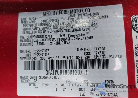 2006 Ford Fusion Sel из США, поврежденный, VIN 3FAFP08186R123711